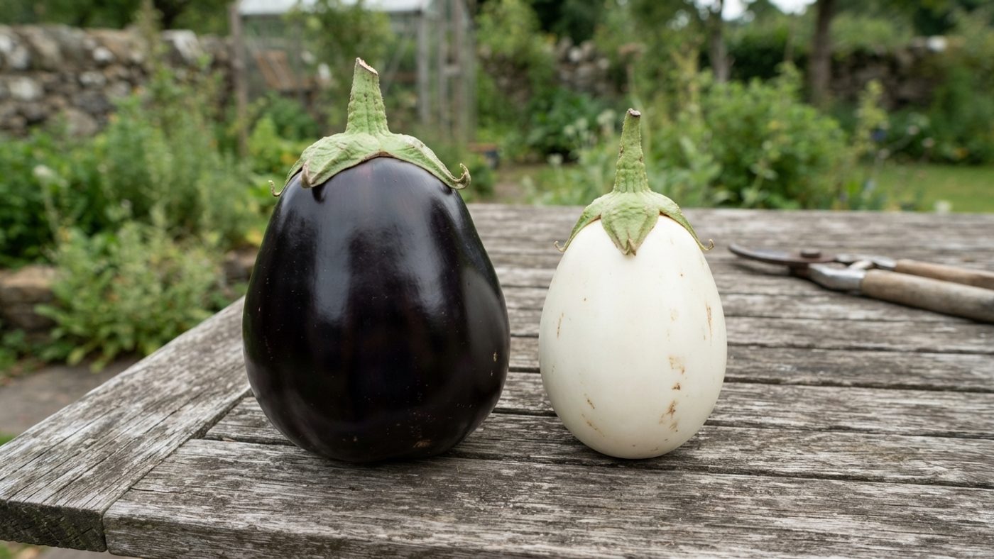 A large glossy black aubergine next to a medium oval white-skinned aubergine
