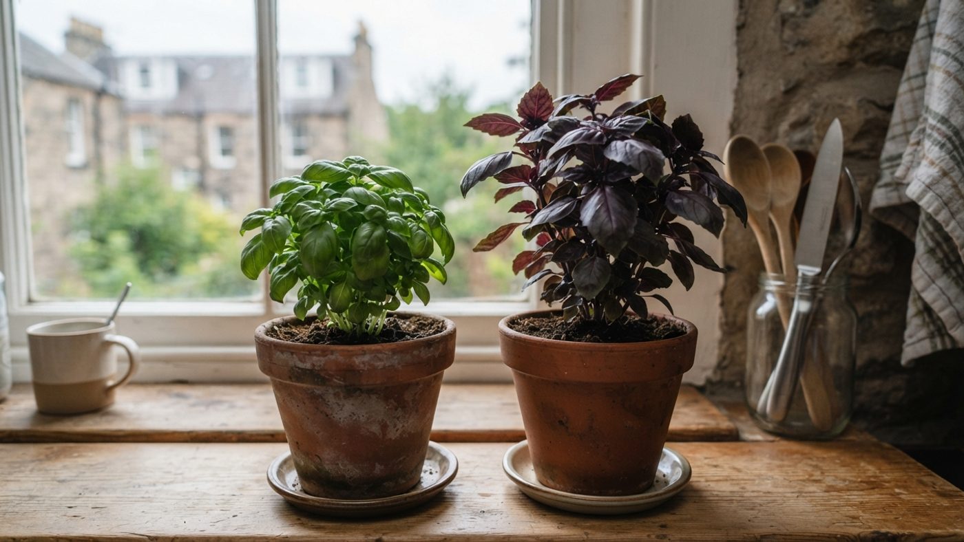 A small compact dome-shaped green basil plant next to a basil plant with deep purple leaves and stems