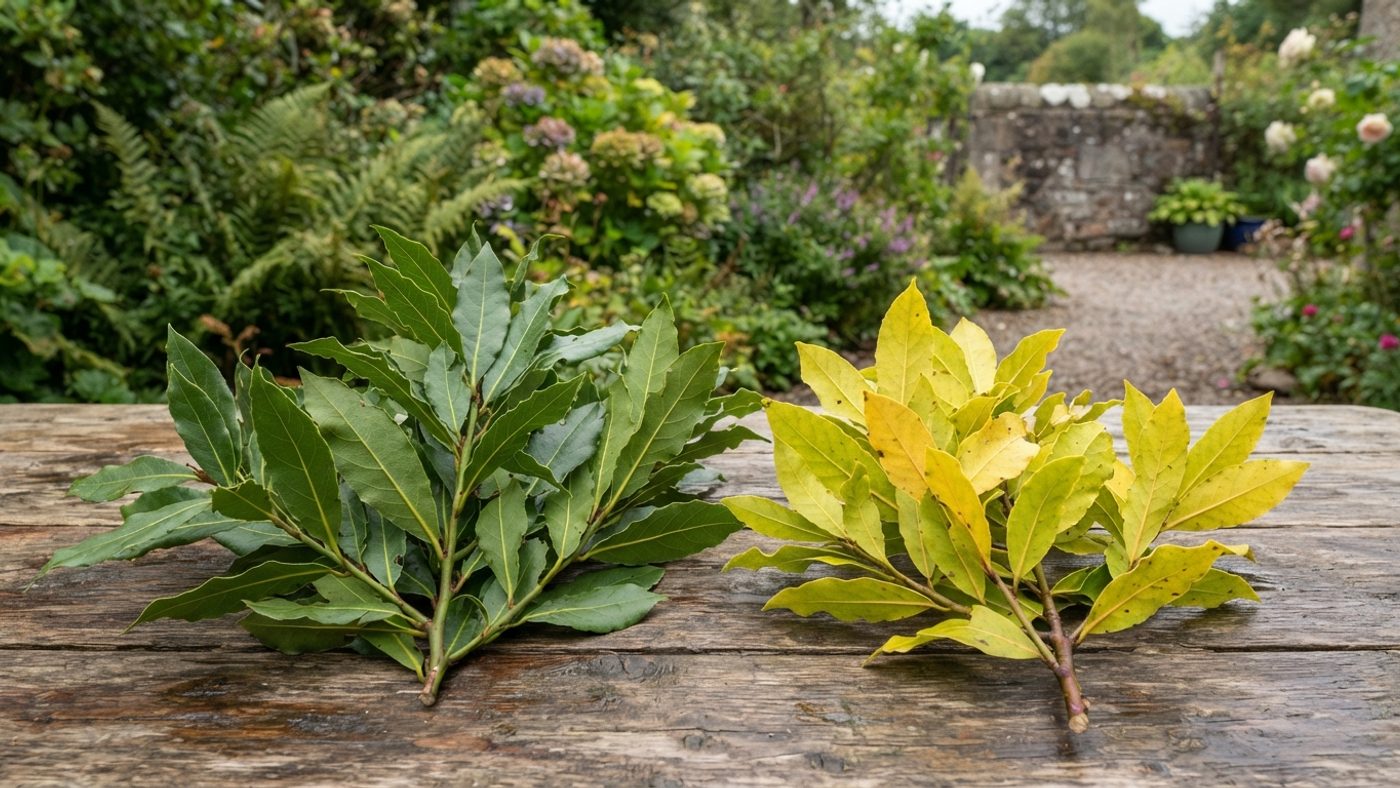 A branch of glossy dark green bay leaves next to a branch of golden-yellow bay leaves