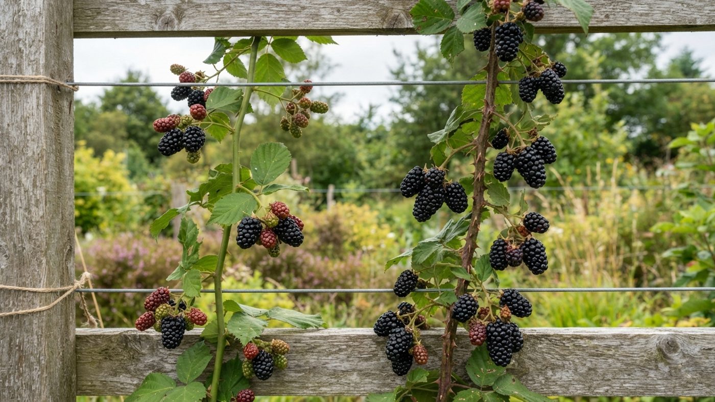 A smooth thornless blackberry cane next to a thorny cane with large glossy black berries