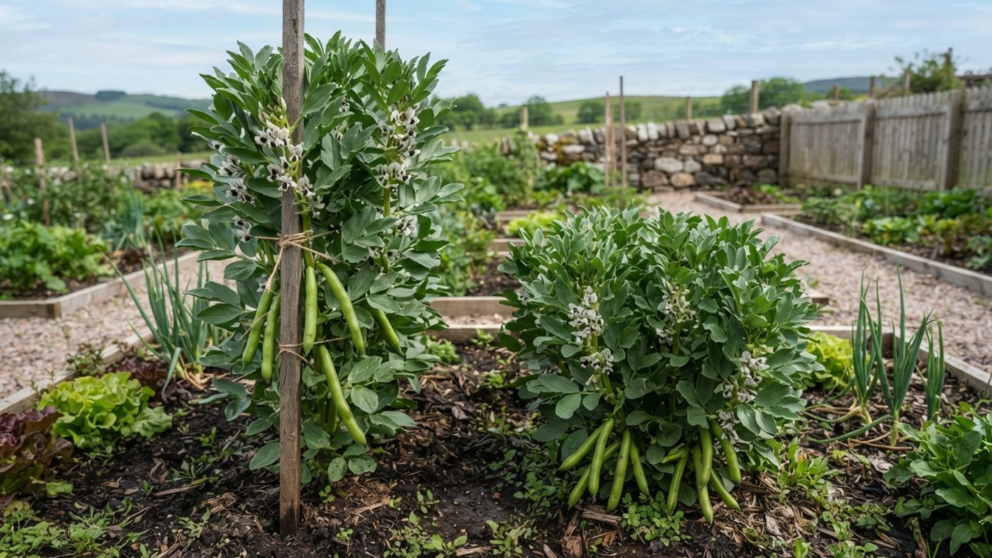 A tall staked broad bean plant next to a low, compact bushy broad bean plant