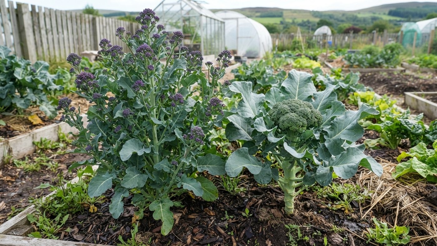A purple sprouting broccoli plant with many small spears on long stems next to a calabrese plant with one large single green head