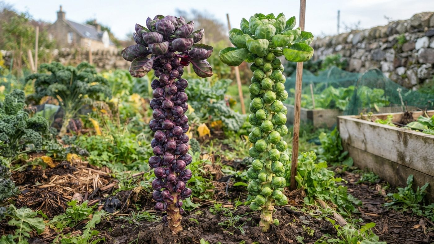 A tall Brussels sprout stem packed with deep purple sprouts next to a tall stem packed with firm green sprouts