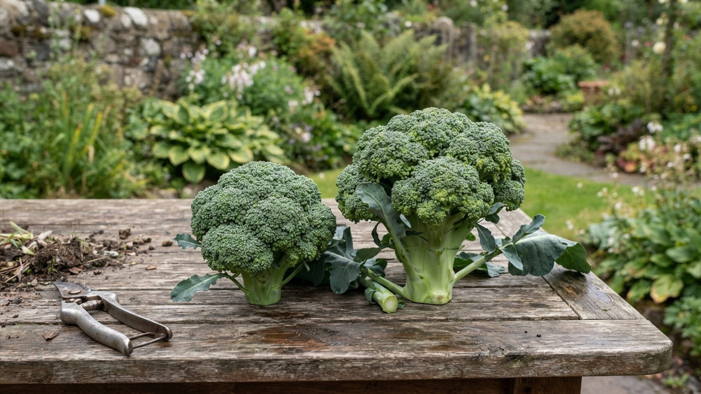 A small, dense calabrese head next to a larger, more loosely domed head, for size comparison