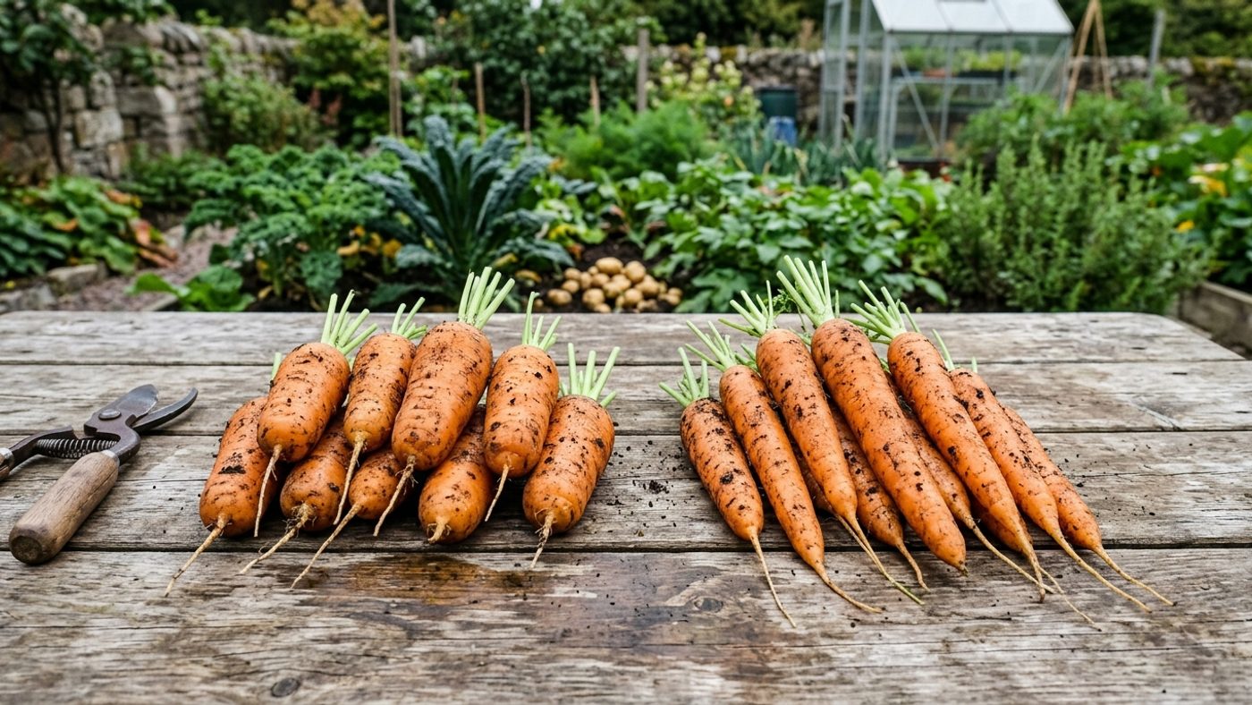 Short, blunt-ended carrots next to long, slender, tapered carrots, for root-shape comparison