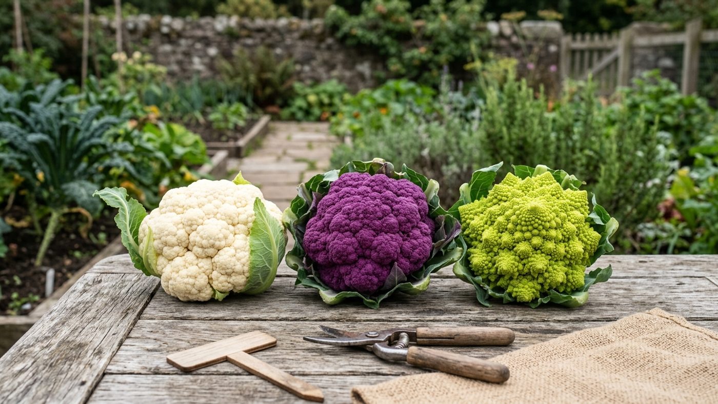 A white cauliflower head, a purple cauliflower head, and a spiralled lime-green romanesco head, side by side for comparison
