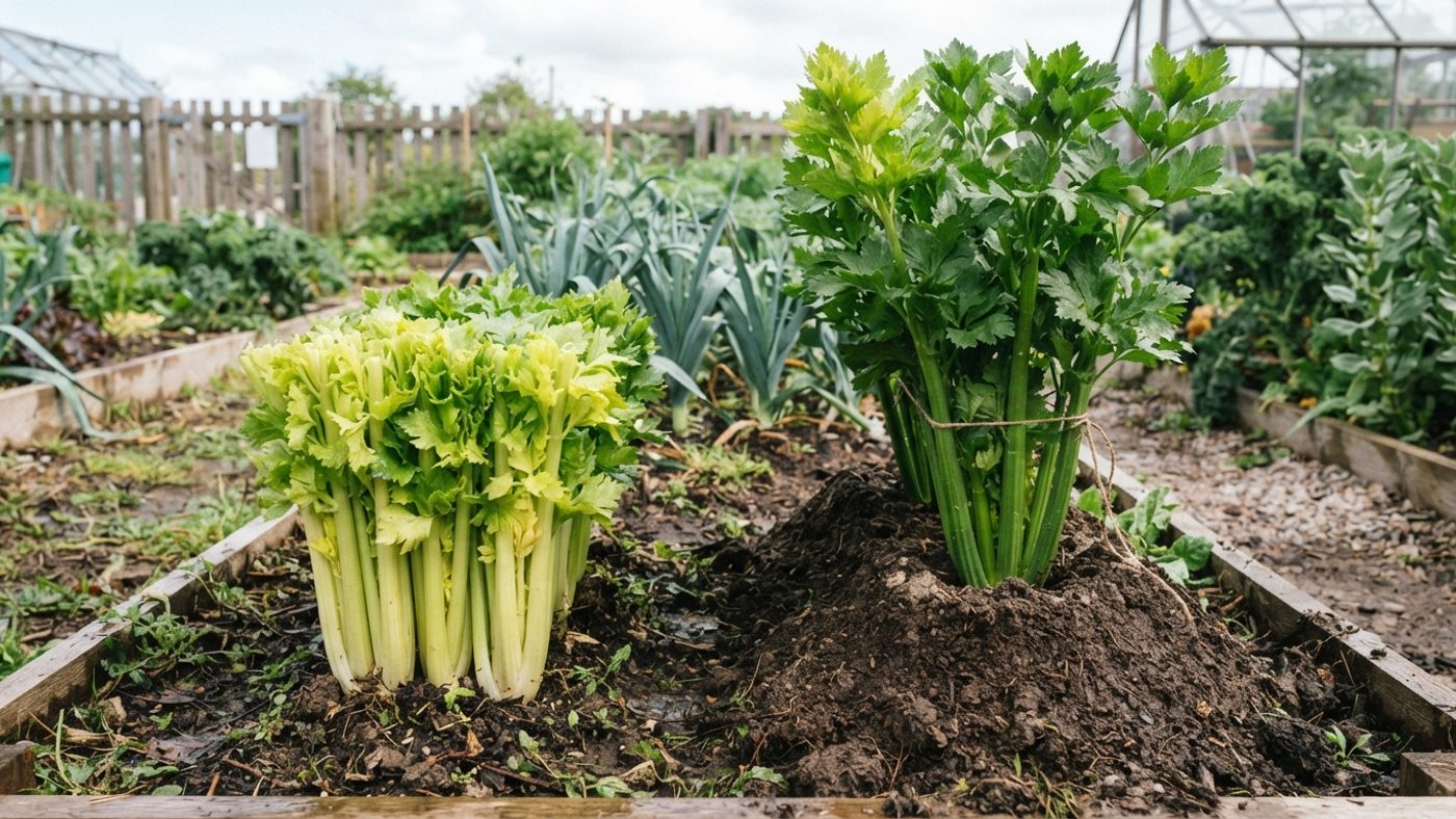 A compact self-blanching celery plant next to a taller celery plant growing in an earthed-up trench