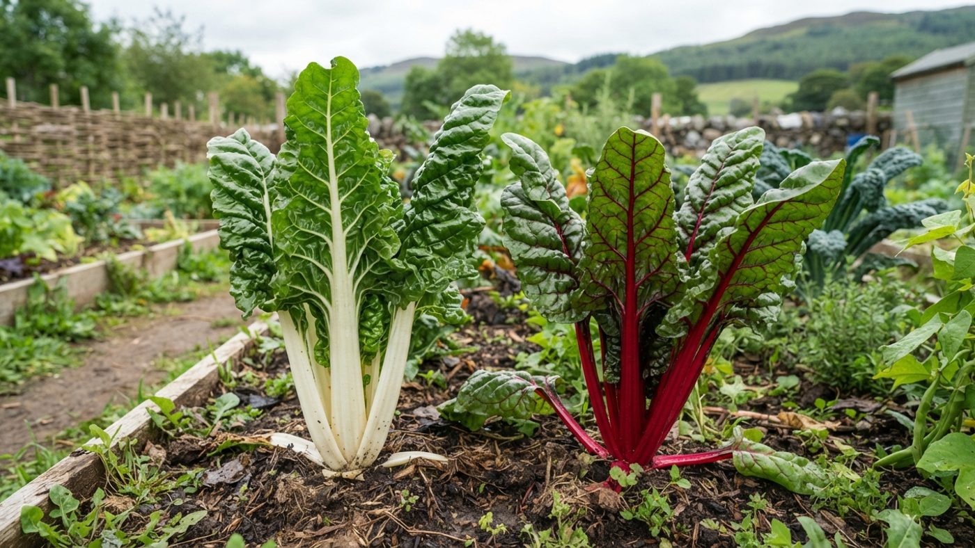 A chard plant with thick white stalks next to a chard plant with vivid dark red stalks