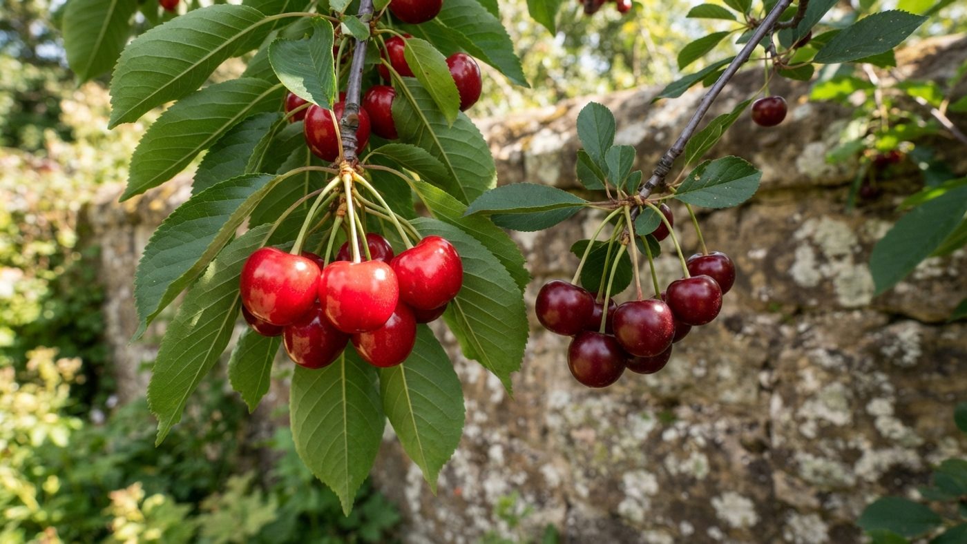 A cluster of large glossy sweet cherries next to a cluster of smaller, darker acid cherries