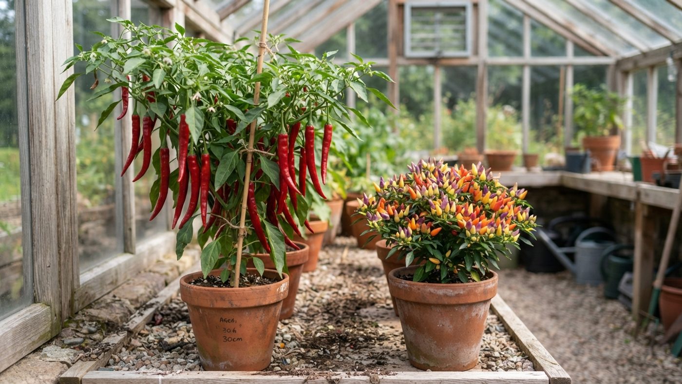 A chilli plant with long tapering red fruit next to a small compact plant with tiny multi-coloured fruit
