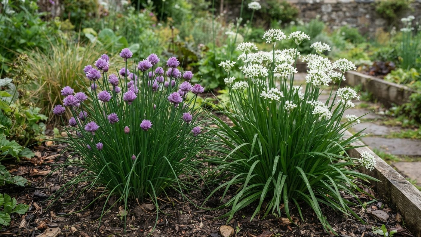 A clump of chives with purple pom-pom flowers next to a clump of garlic chives with flat leaves and white star-shaped flowers