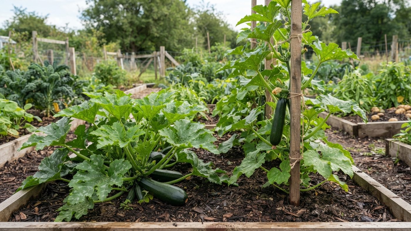 A compact bush courgette plant next to a climbing courgette variety trained up a stake