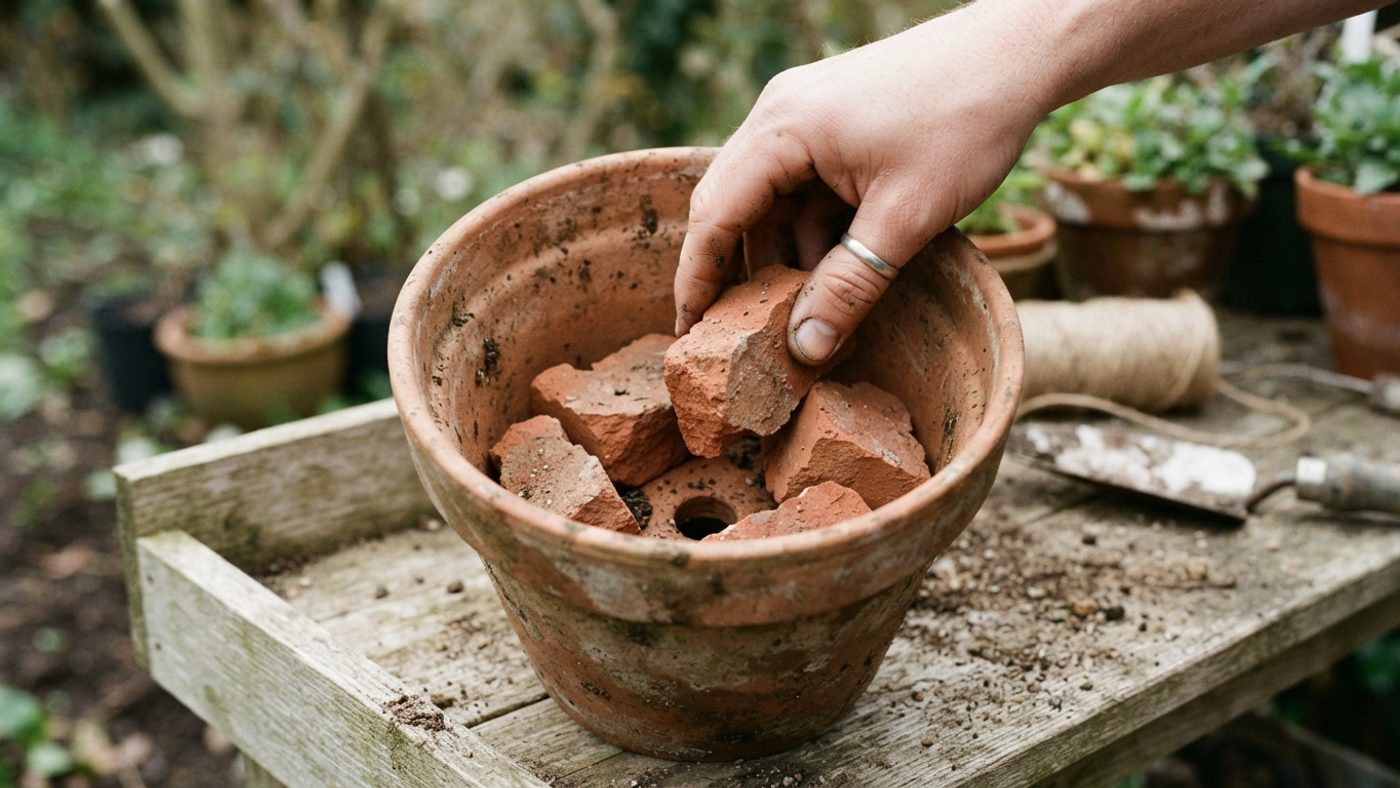 A hand placing bricks in the base of a plant pot for ballast before adding compost