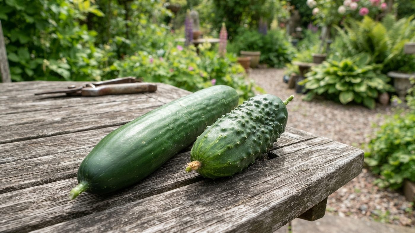 A long straight smooth cucumber next to a shorter, more knobbly ridge cucumber