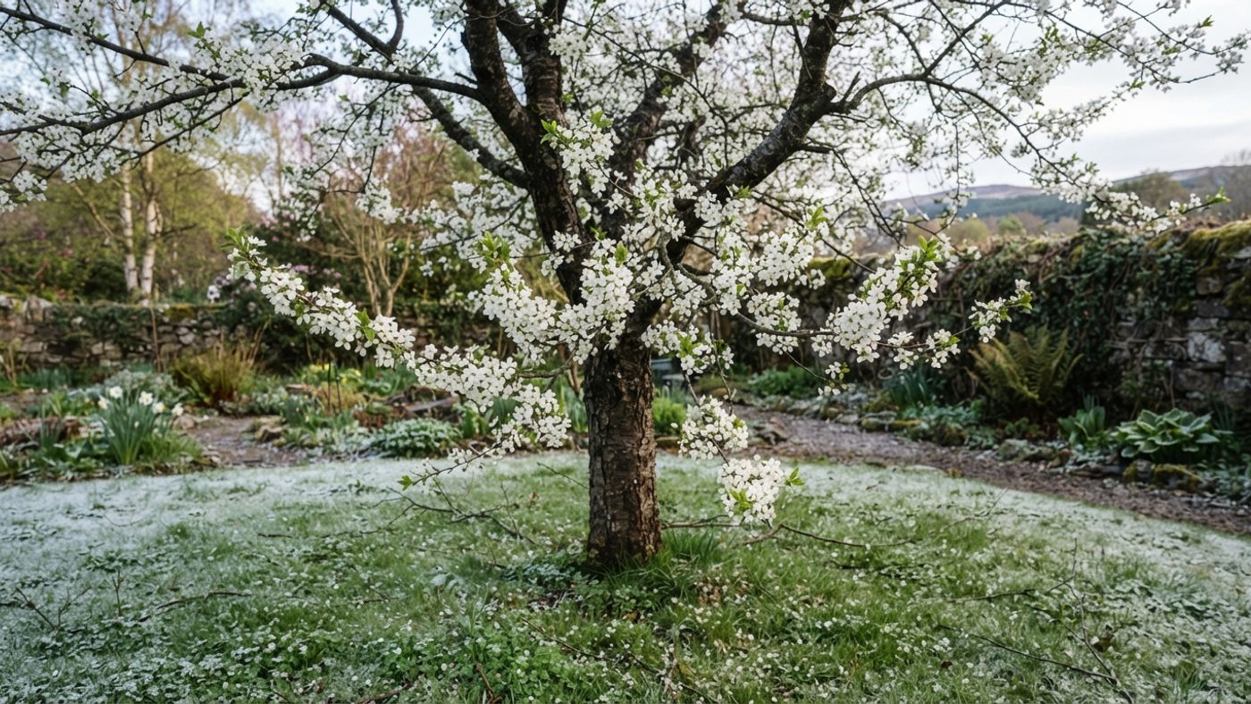 A damson tree with small white blossom open on the branches, with frost on the grass nearby