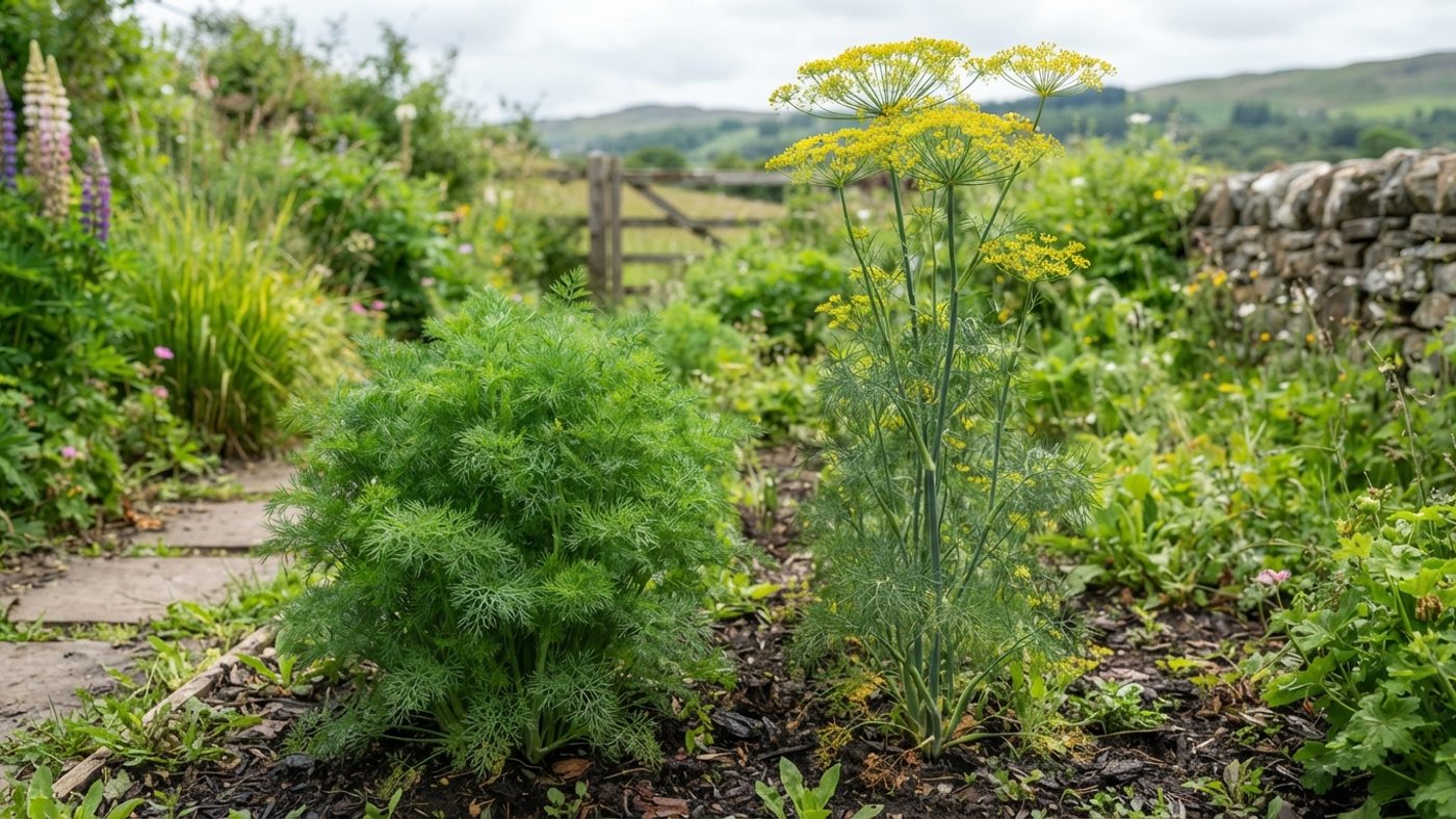 A compact bushy dill plant next to a much taller dill plant in flower
