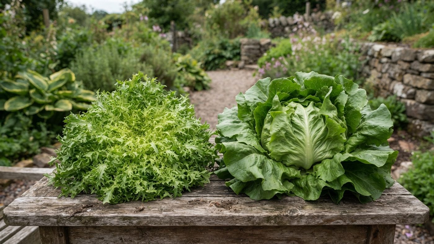A frilly, finely serrated frisée endive head next to a broad, flat-leaved Batavian head
