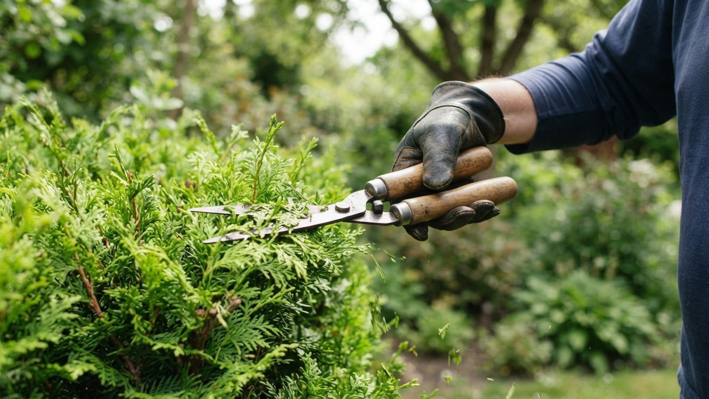 A hand using hedge trimmers on a young conifer hedge to keep it in check