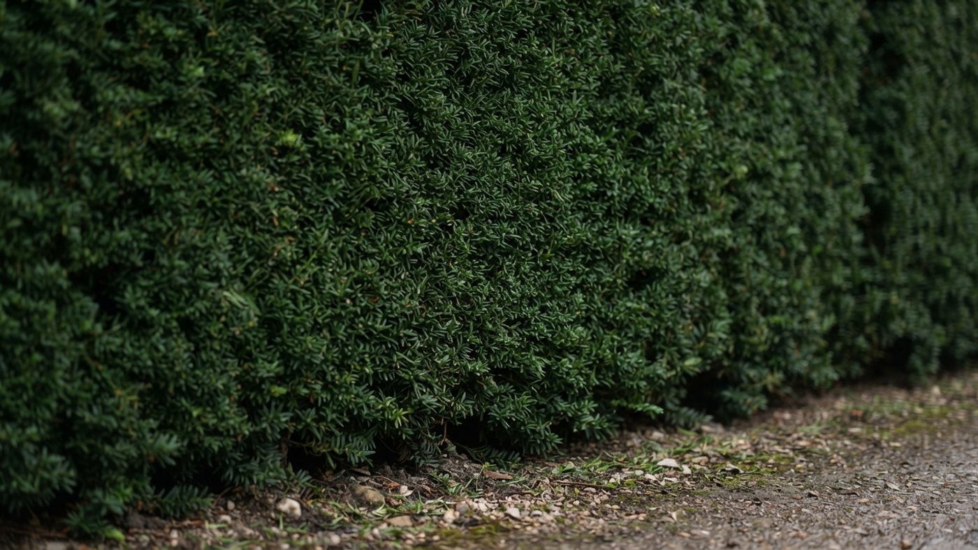A close-up of dense, dark green yew foliage forming a tightly clipped hedge