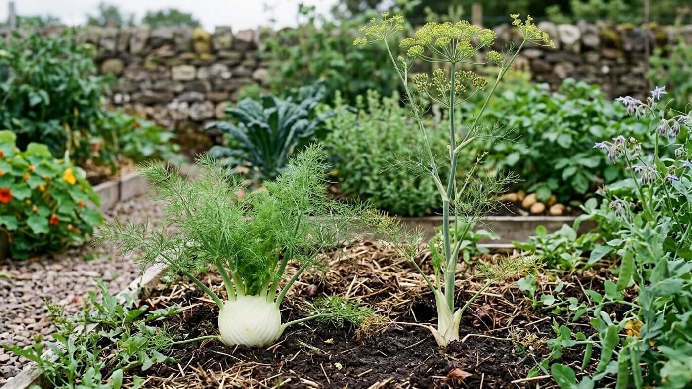 A compact, tightly packed Florence fennel bulb next to one that has bolted, sending up a tall flowering stem instead of staying compact