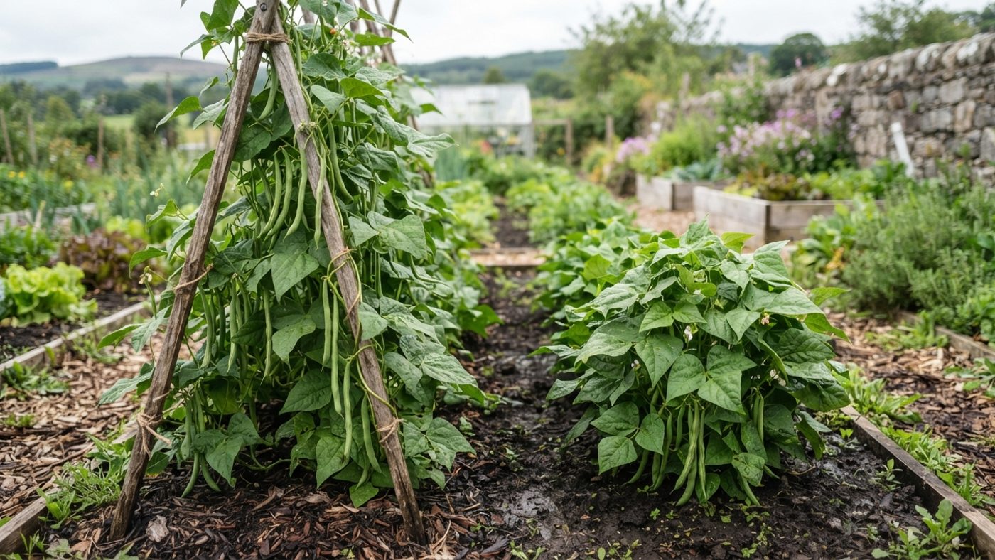 A climbing French bean plant on a tall support next to a low, bushy dwarf bean plant with no support
