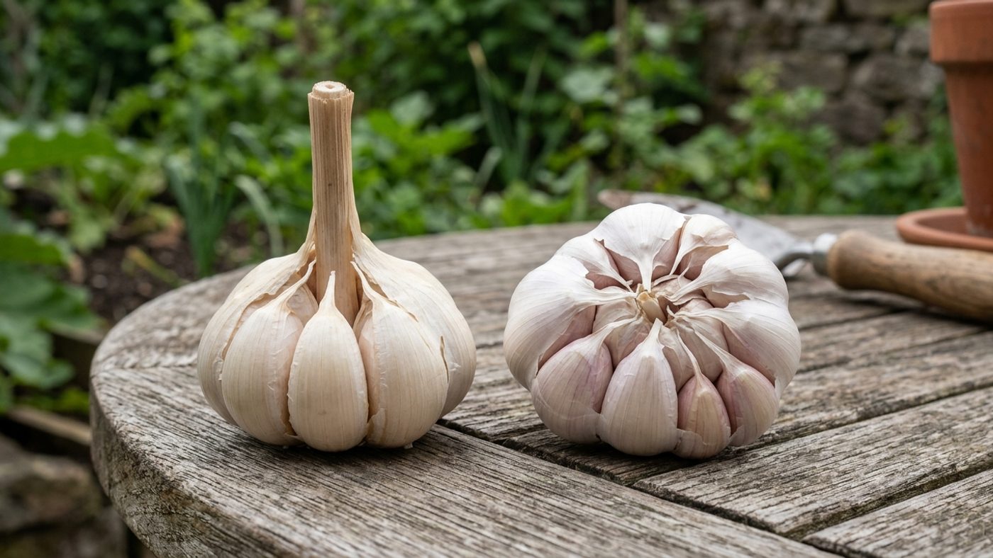 A hardneck garlic bulb with a rigid central stem and one ring of large cloves, next to a softneck bulb with no stem and many smaller layered cloves