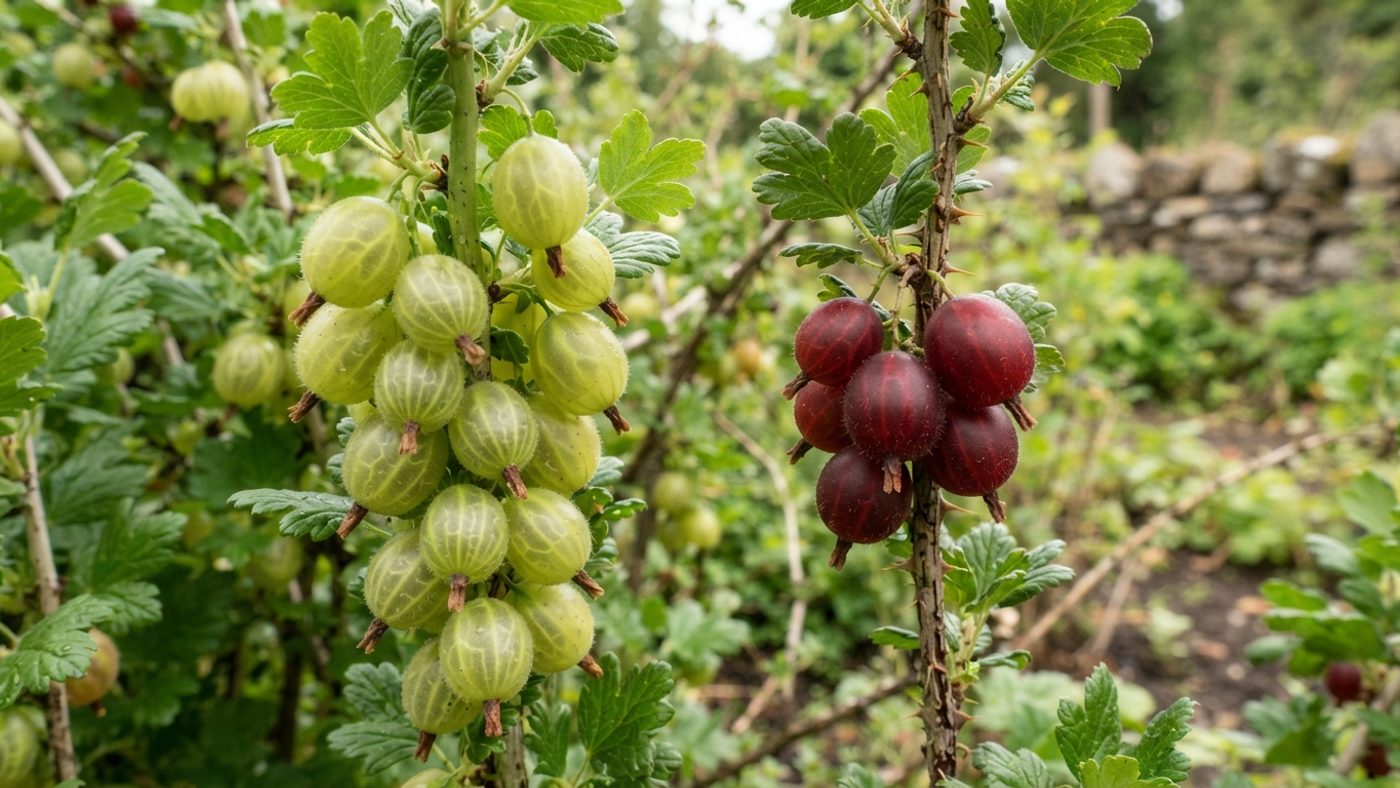 A cluster of pale green gooseberries on a spine-free stem next to a cluster of dark red gooseberries on a thornier stem