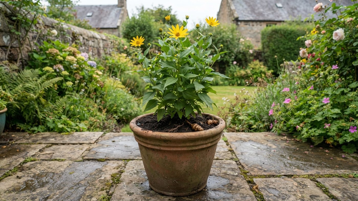 A compact Jerusalem artichoke plant growing well in a large container, roots contained rather than spreading through open ground