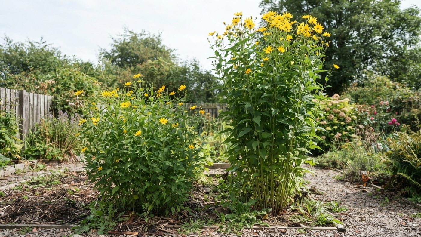A shorter stand of Dwarf Sunray Jerusalem artichoke plants next to a much taller stand of Fuseau plants, for height comparison
