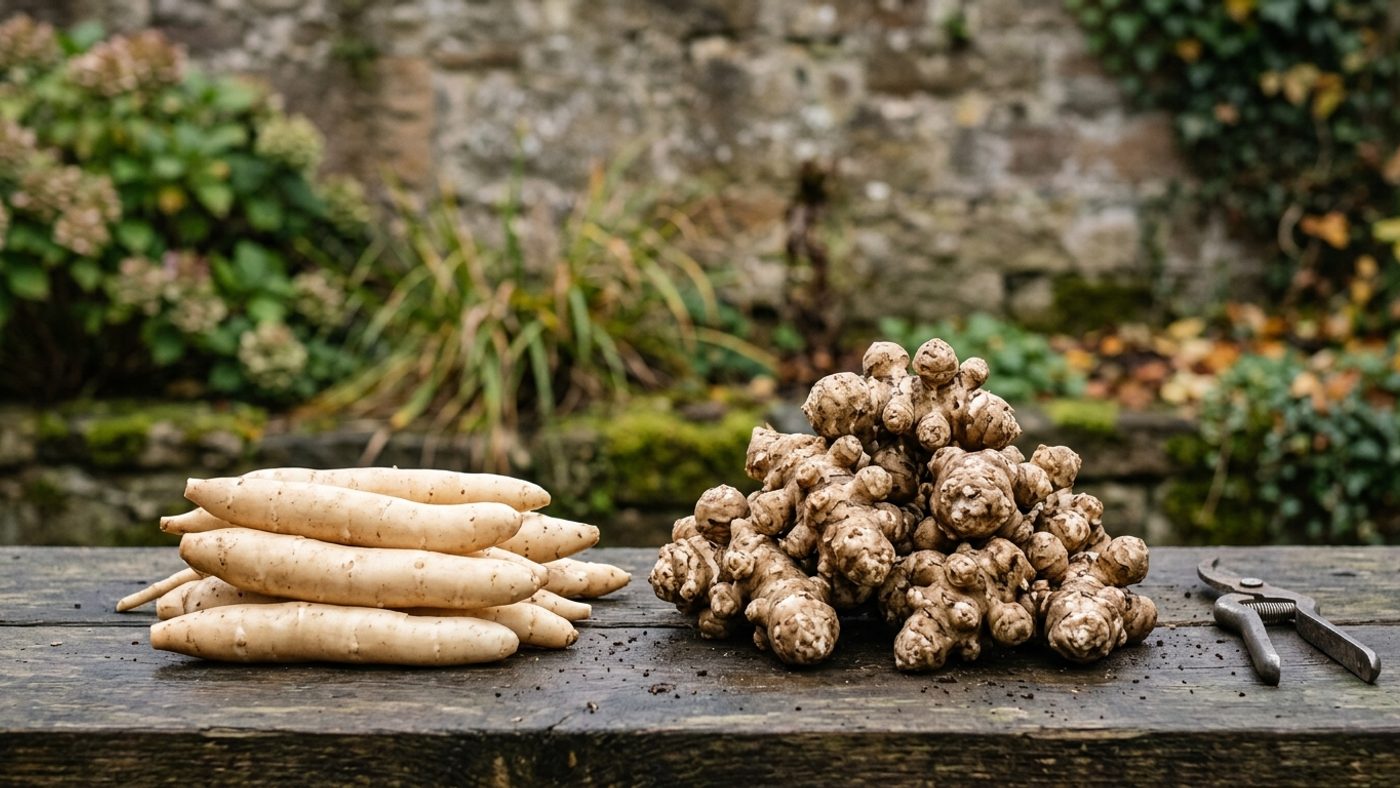 Long smooth-skinned Jerusalem artichoke tubers next to knobbly, twisted Jerusalem artichoke tubers for comparison