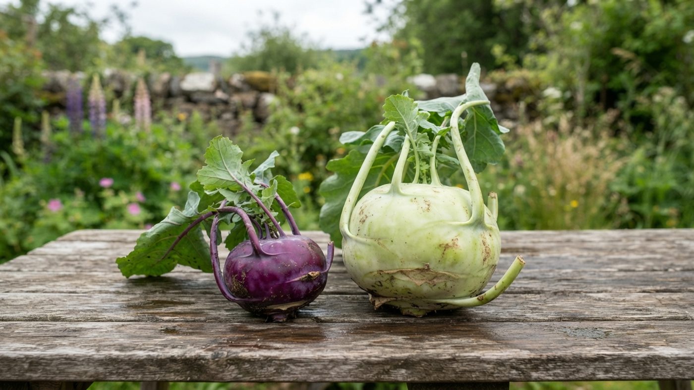 A small purple kohlrabi bulb next to a much larger pale green kohlrabi bulb