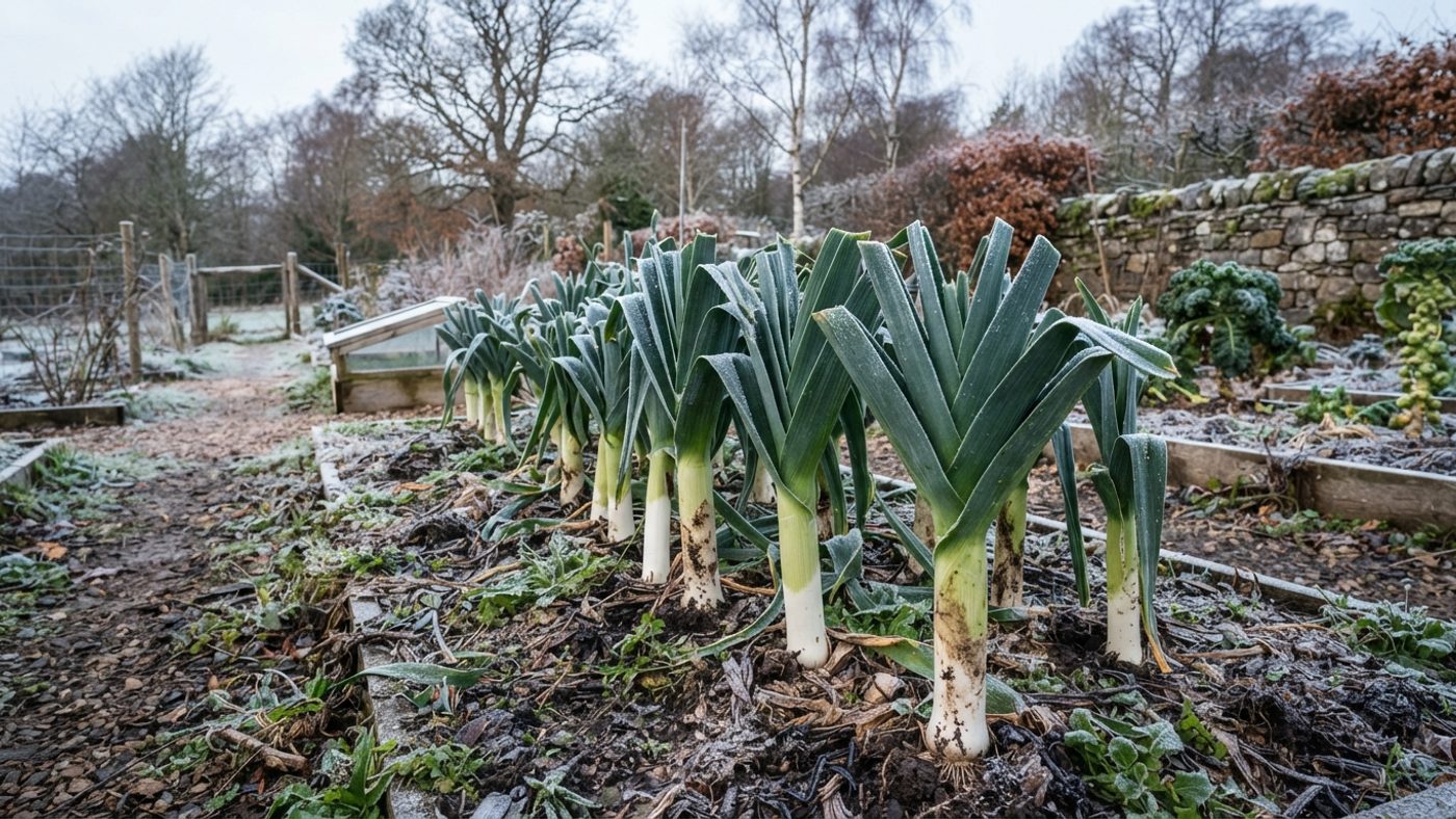 A row of leeks with frost-dusted leaves standing upright in a winter vegetable bed
