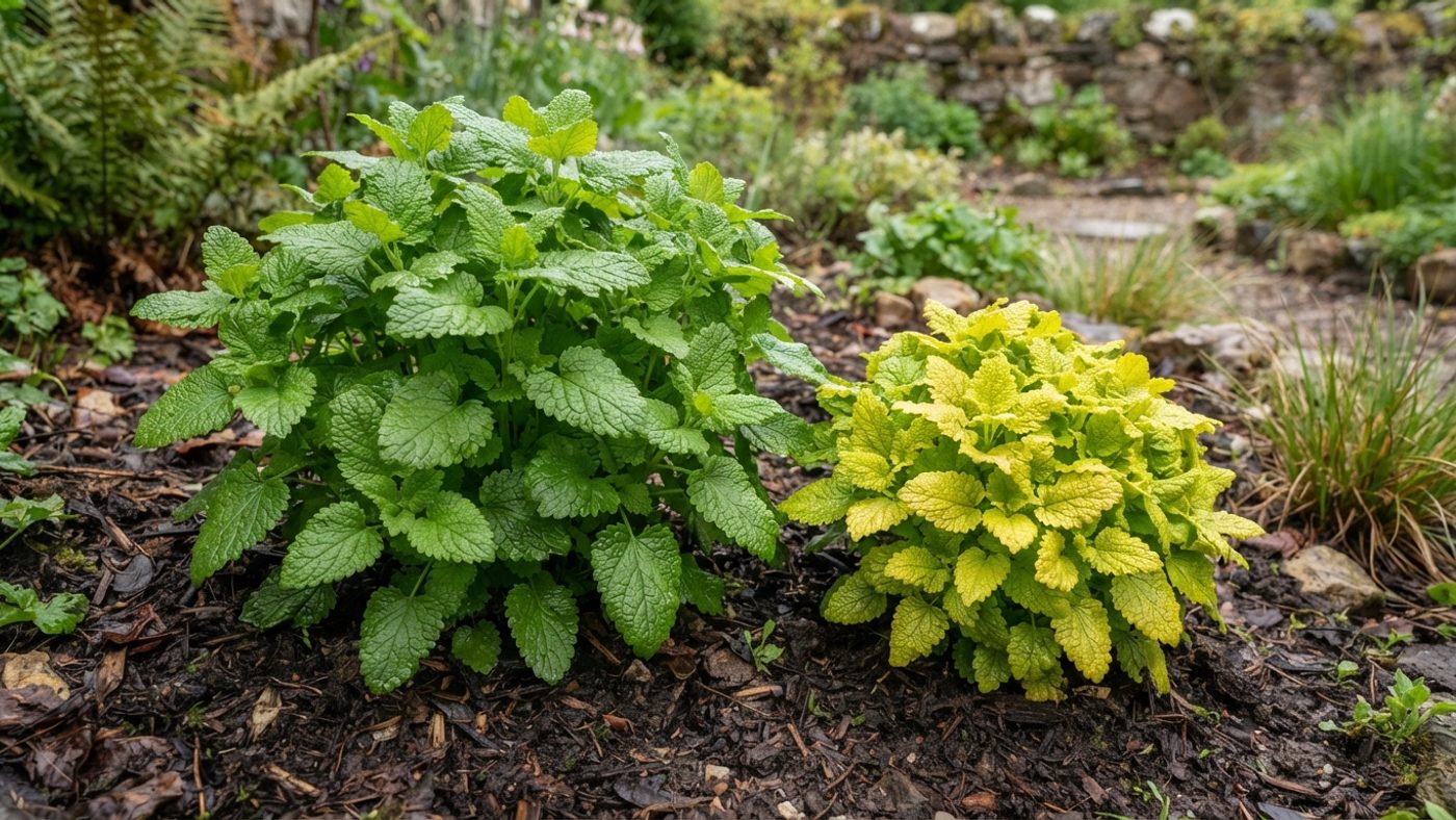 A larger lemon balm plant with plain green leaves next to a smaller, compact plant with golden-yellow leaves