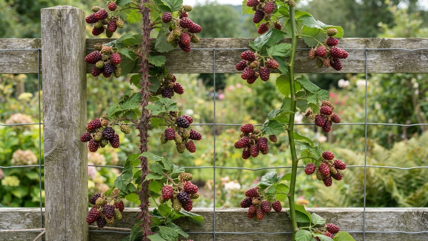 A thorny loganberry cane next to a smooth thornless loganberry cane, both with ripening fruit