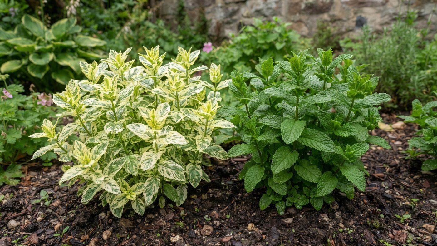 A mint plant with cream-edged variegated leaves next to a mint plant with plain green leaves