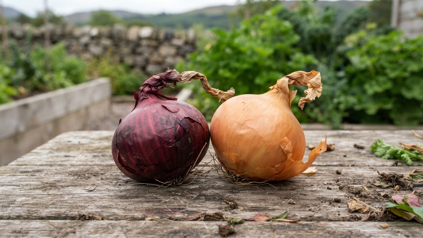 A dark red-skinned onion next to a golden-brown skinned onion