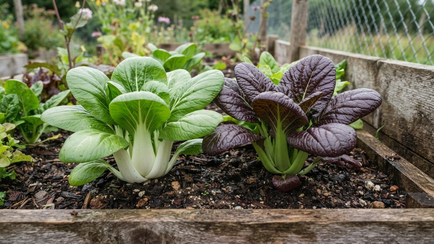 A green pak choi plant with white stalks next to a pak choi plant with dark red-purple leaves