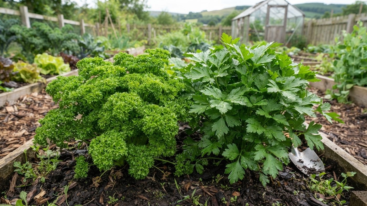 A parsley plant with tightly curled, ruffled leaves next to a parsley plant with flat, broad divided leaves