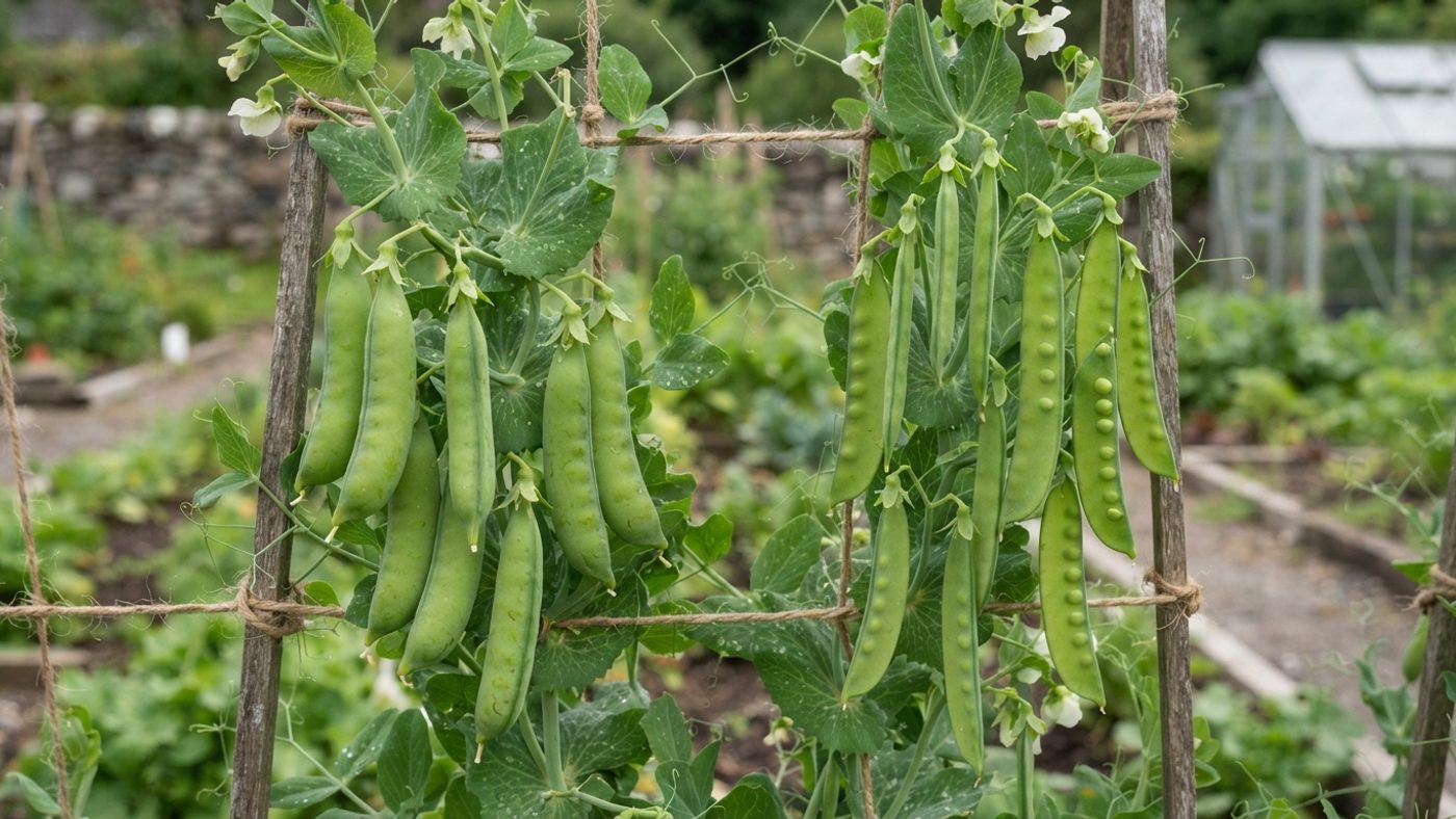 Plump, rounded shelling pea pods next to flat, thin mangetout pea pods