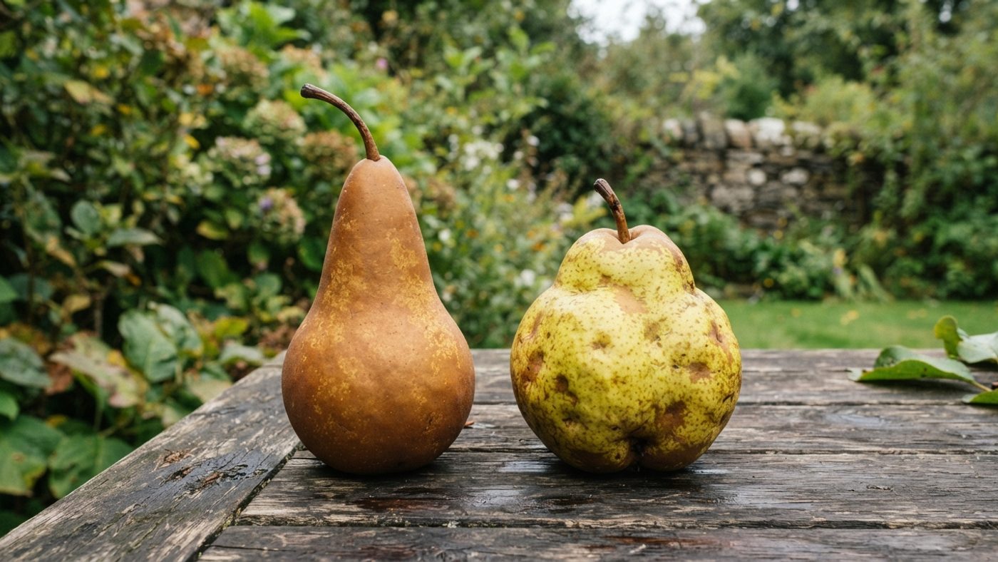 An elongated, bottle-shaped pear next to a rounder, knobbly-shaped pear