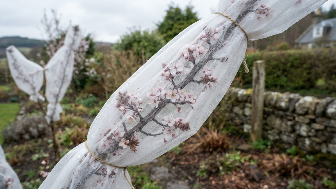 A flowering plum branch covered with garden fleece for frost protection