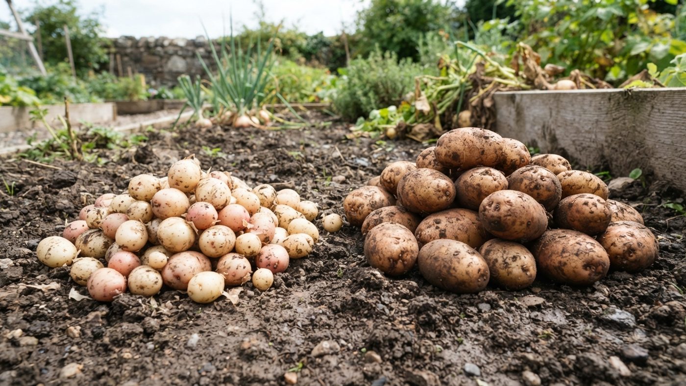 A pile of small young new potatoes next to a pile of larger, mature maincrop potatoes