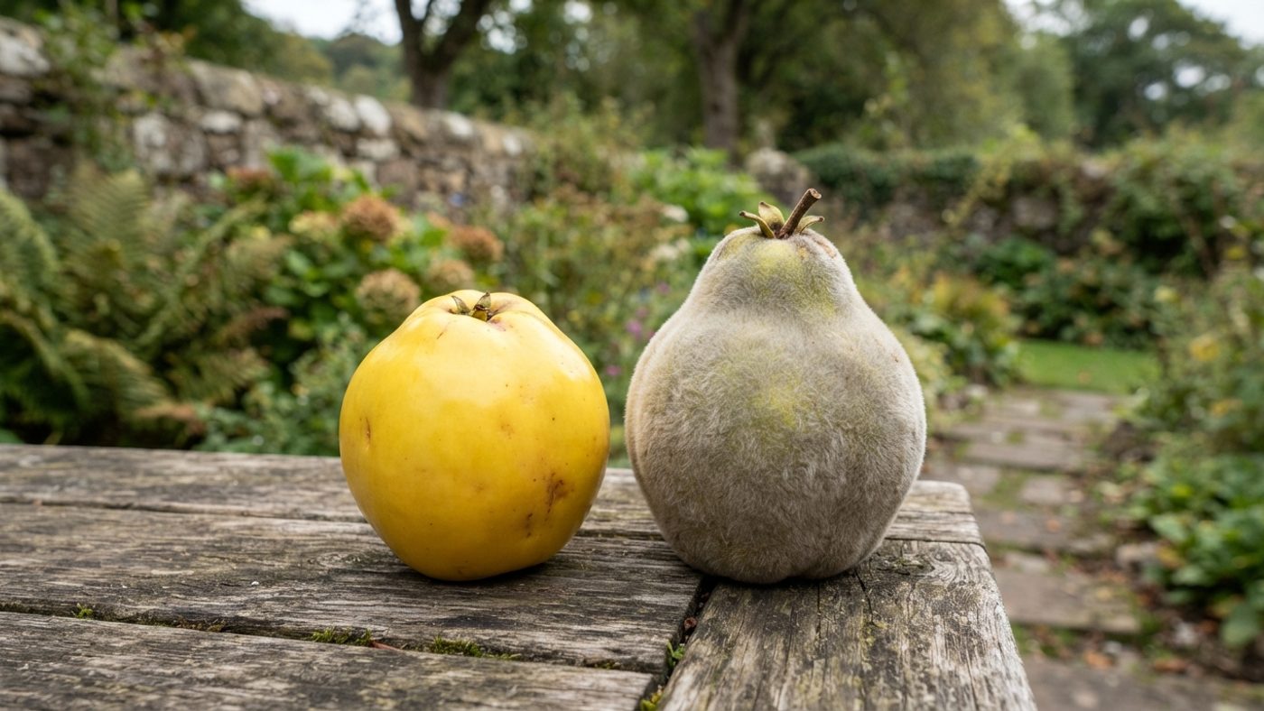 A smooth golden-yellow quince fruit next to a larger quince fruit with a distinctive silvery-grey downy coating