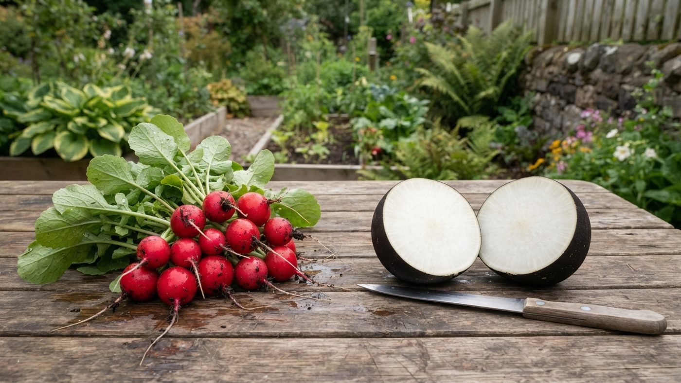 A bunch of small round red radishes with green tops next to a larger round black-skinned radish with white flesh showing
