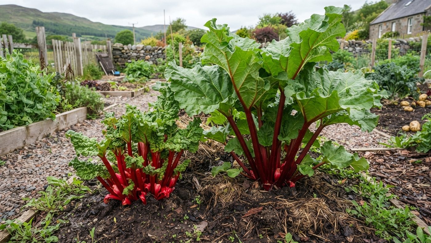 A small compact rhubarb clump with red stalks next to a much larger rhubarb clump with tall red stalks and broad leaves