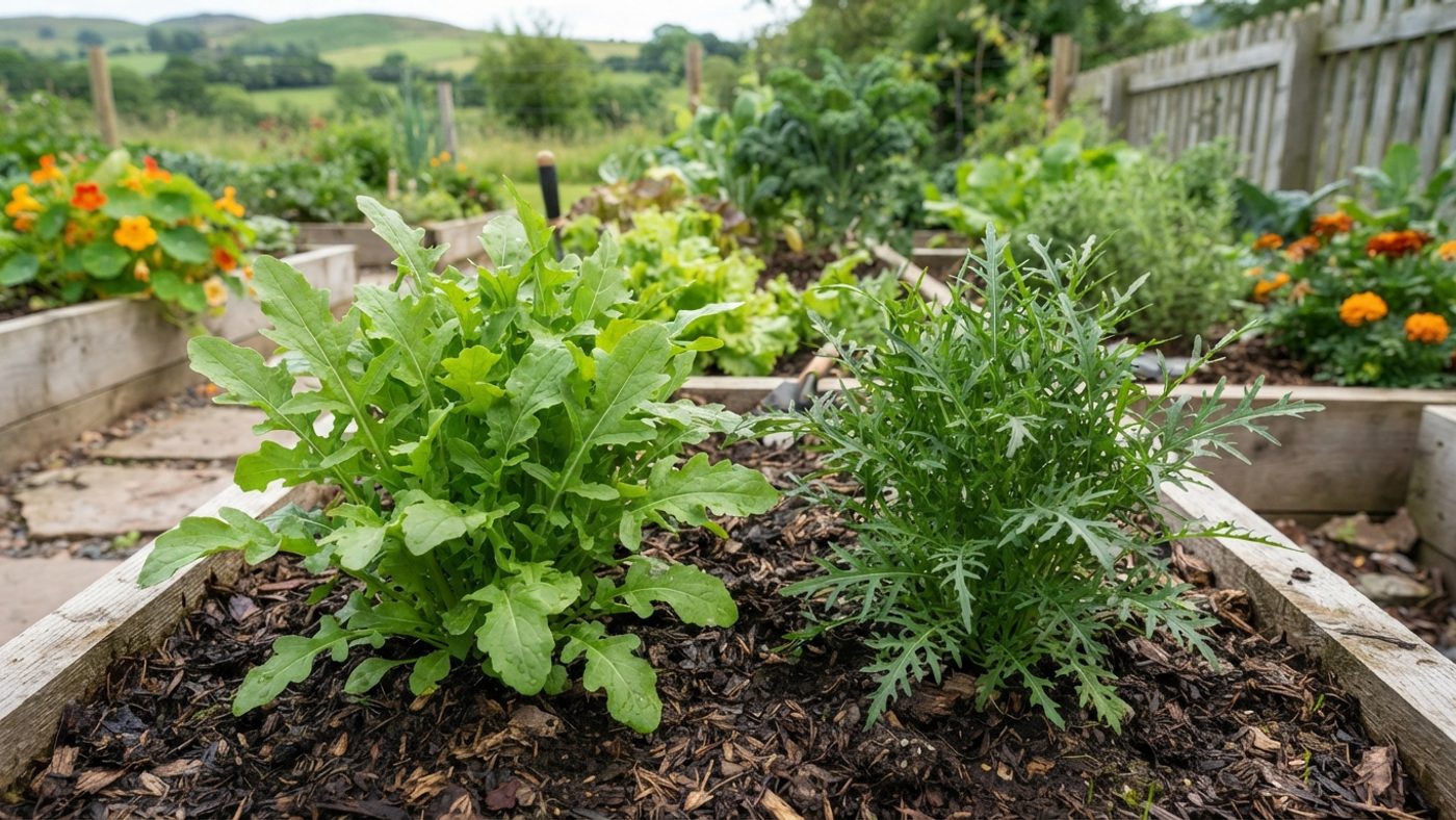 A salad rocket plant with serrated leaves next to a wild rocket plant with narrower, more deeply lobed leaves
