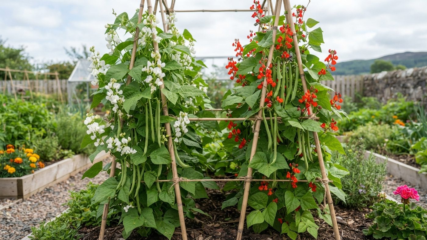 A runner bean plant climbing a cane with white flowers next to a runner bean plant climbing a cane with scarlet flowers