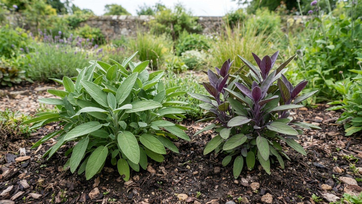 A sage plant with broad grey-green leaves next to a sage plant with purple-tinted leaves