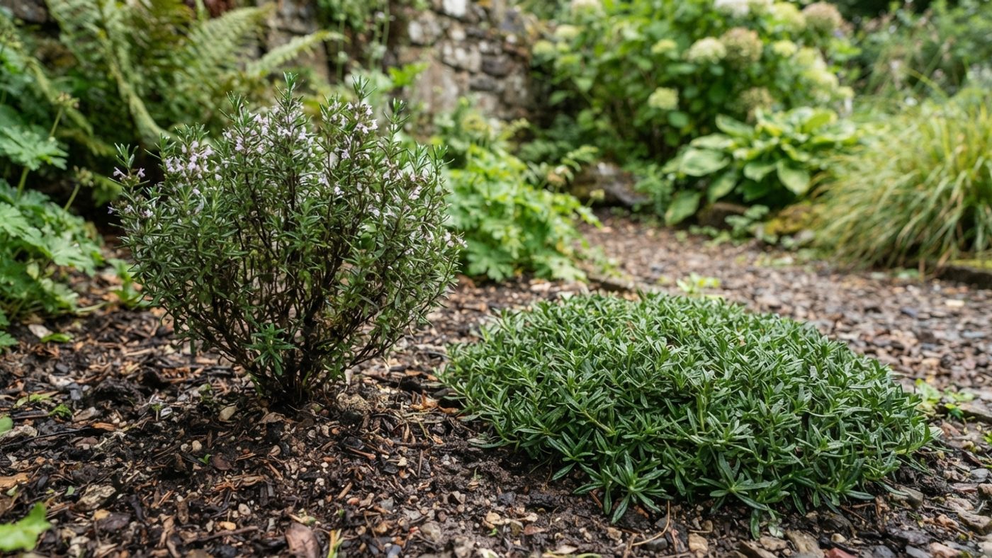A small upright bushy savory plant next to a low, mat-forming savory plant spreading close to the ground