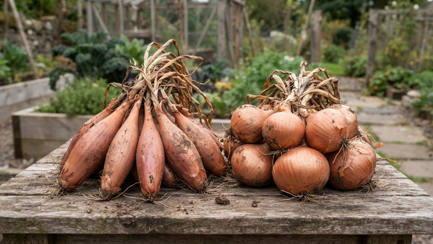 A cluster of elongated banana-shaped shallot bulbs next to a cluster of round shallot bulbs